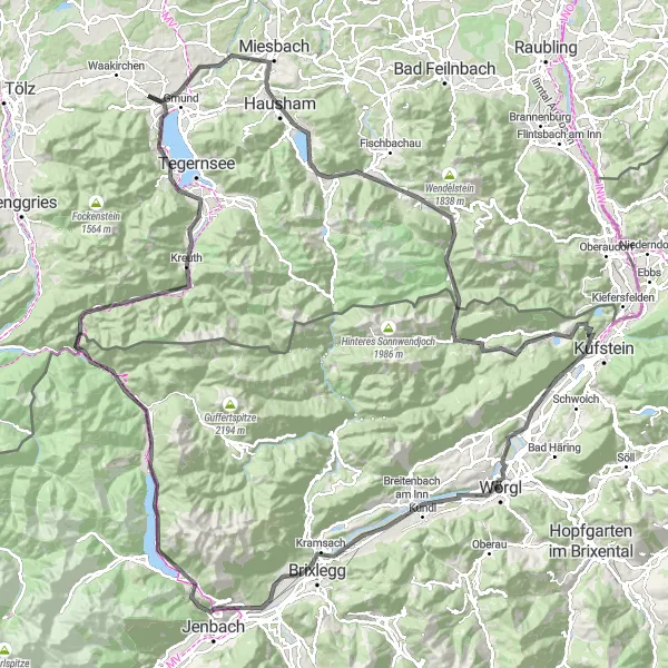 Kartminiatyr av "Rundtur fra Wörgl til Achensee og Bayrischzell" sykkelinspirasjon i Tirol, Austria. Generert av Tarmacs.app sykkelrutoplanlegger