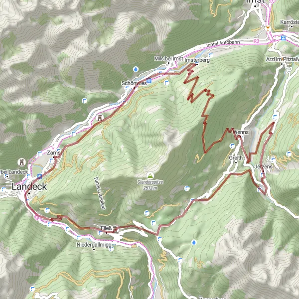 Miniature de la carte de l'inspiration cycliste "Les Montagnes et les Châteaux" dans la Tirol, Austria. Générée par le planificateur d'itinéraire cycliste Tarmacs.app