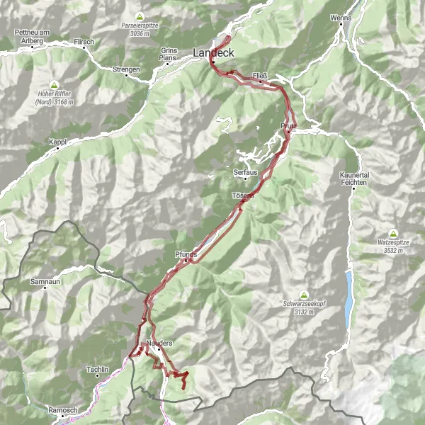 Kartminiatyr av "Scenic Gravel Route til Ischgl via Nauders" sykkelinspirasjon i Tirol, Austria. Generert av Tarmacs.app sykkelrutoplanlegger