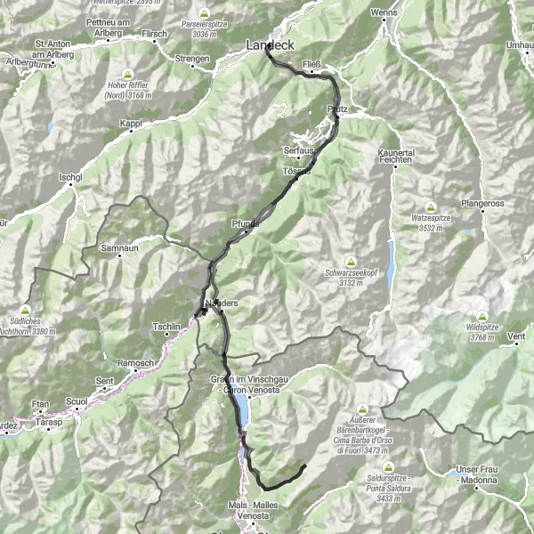 Miniature de la carte de l'inspiration cycliste "Escapade à travers Reschenpass et Martina" dans la Tirol, Austria. Générée par le planificateur d'itinéraire cycliste Tarmacs.app