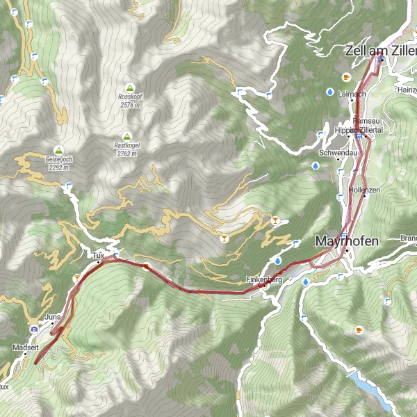 Miniature de la carte de l'inspiration cycliste "Aventure Gravel à Zillertal" dans la Tirol, Austria. Générée par le planificateur d'itinéraire cycliste Tarmacs.app