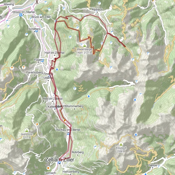 Miniature de la carte de l'inspiration cycliste "Tour de Zillertal Gravel" dans la Tirol, Austria. Générée par le planificateur d'itinéraire cycliste Tarmacs.app
