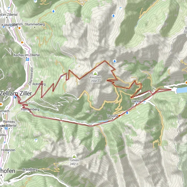 Zemljevid v pomanjšavi "Pogled na Hainzenberg" kolesarske inspiracije v Tirol, Austria. Generirano z načrtovalcem kolesarskih poti Tarmacs.app