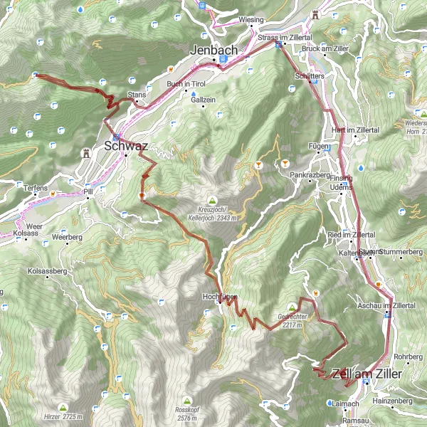 Karttaminiaatyyri "Haasteellinen seikkailu Zillerin laaksossa" pyöräilyinspiraatiosta alueella Tirol, Austria. Luotu Tarmacs.app pyöräilyreittisuunnittelijalla