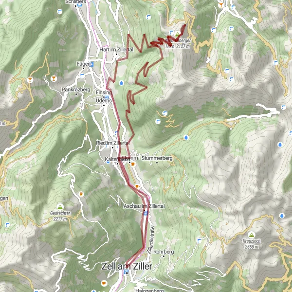 Mapa miniatúra "Exploring Zillertal on Gravel Trails" cyklistická inšpirácia v Tirol, Austria. Vygenerované cyklistickým plánovačom trás Tarmacs.app