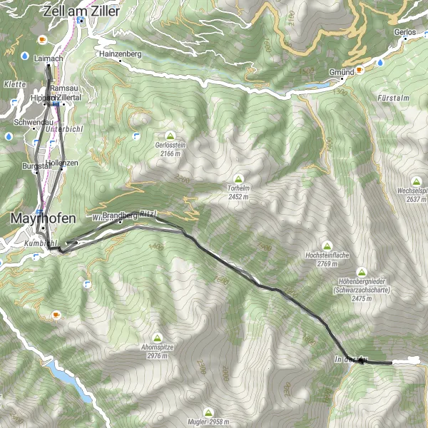 Miniatura della mappa di ispirazione al ciclismo "Periplo Stradale a Schwendau e Ramsau im Zillertal" nella regione di Tirol, Austria. Generata da Tarmacs.app, pianificatore di rotte ciclistiche