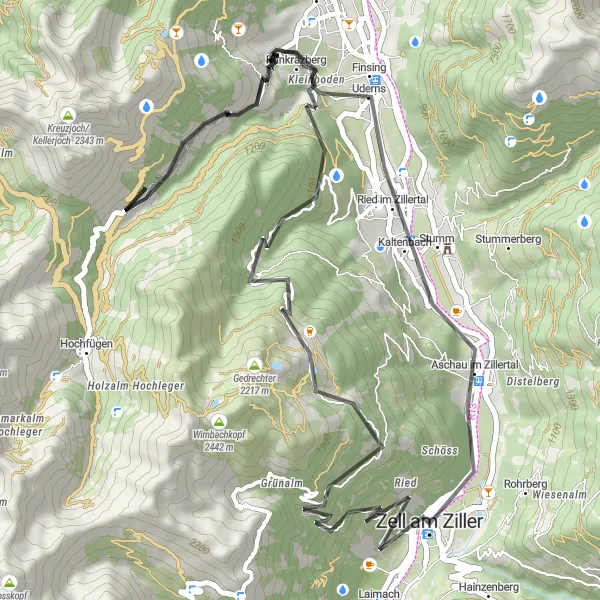Zemljevid v pomanjšavi "Cestno kolesarjenje do Aschau im Zillertalu" kolesarske inspiracije v Tirol, Austria. Generirano z načrtovalcem kolesarskih poti Tarmacs.app