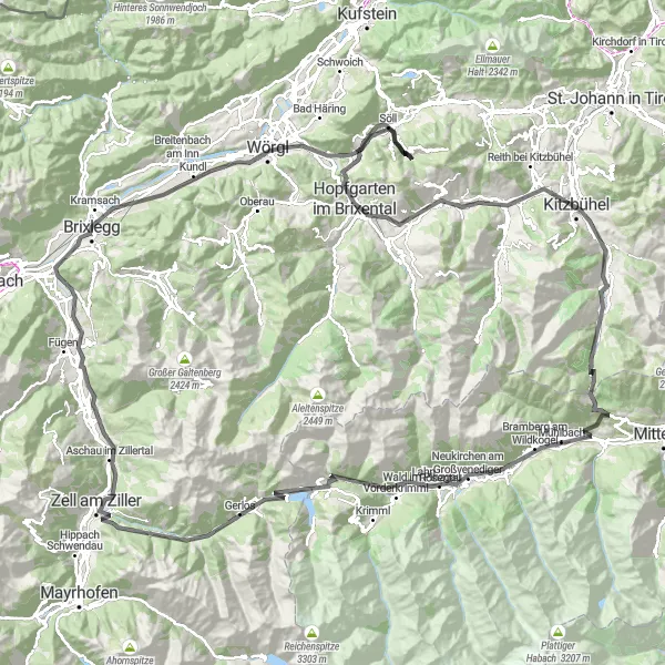 Miniaturekort af cykelinspirationen "Cykeloplevelse gennem Tyrols bjerge: Uderns - Gerlos" i Tirol, Austria. Genereret af Tarmacs.app cykelruteplanlægger