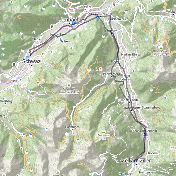 Miniatua del mapa de inspiración ciclista "Ruta por carretera a Aschau im Zillertal" en Tirol, Austria. Generado por Tarmacs.app planificador de rutas ciclistas