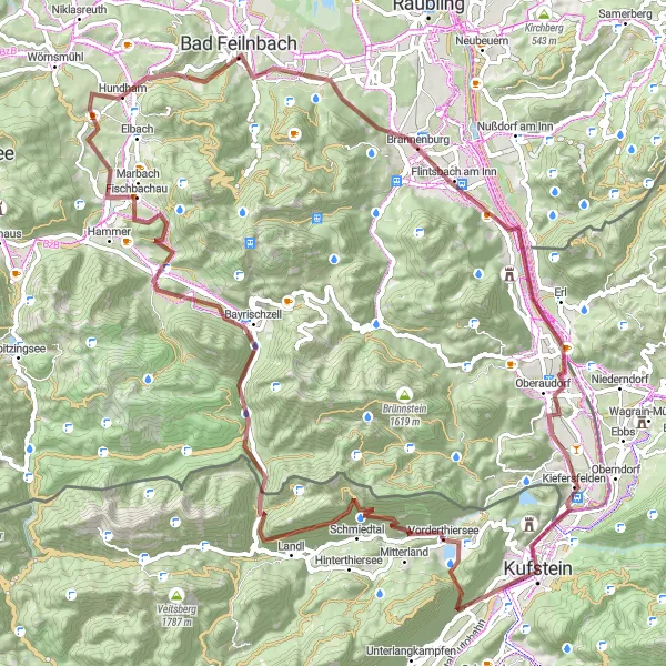 Miniatura della mappa di ispirazione al ciclismo "Giro Gravel attraverso Ursprungpass" nella regione di Tirol, Austria. Generata da Tarmacs.app, pianificatore di rotte ciclistiche