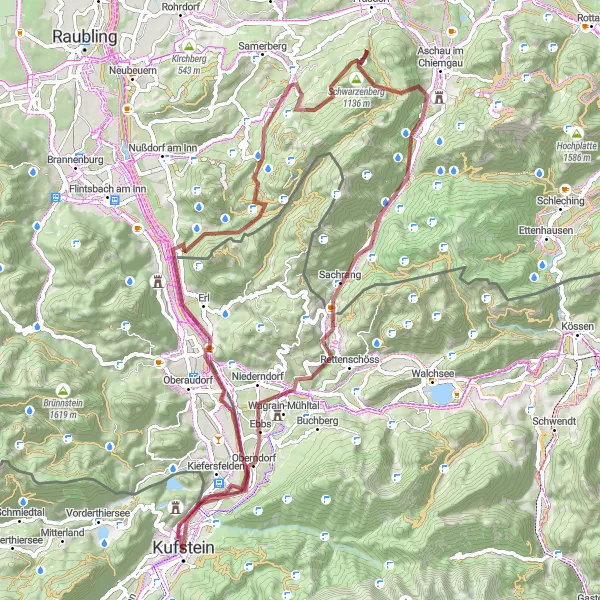 Mapa miniatúra "Kultúrne pamiatky okolo Zell" cyklistická inšpirácia v Tirol, Austria. Vygenerované cyklistickým plánovačom trás Tarmacs.app