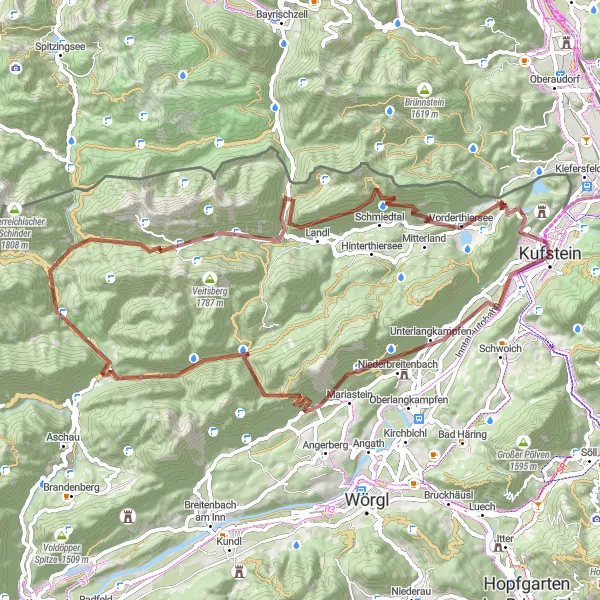 Mapa miniatúra "Gravelová vyjazdovka okolo Zellu" cyklistická inšpirácia v Tirol, Austria. Vygenerované cyklistickým plánovačom trás Tarmacs.app