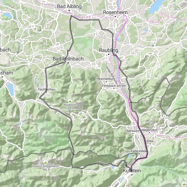 Map miniature of "Kufstein and Bavarian Alps Road Cycling Loop" cycling inspiration in Tirol, Austria. Generated by Tarmacs.app cycling route planner