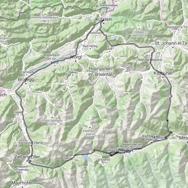 Kartminiatyr av "Kufstein till Zell am Ziller via Pass Thurn och Königsleiten" cykelinspiration i Tirol, Austria. Genererad av Tarmacs.app cykelruttplanerare