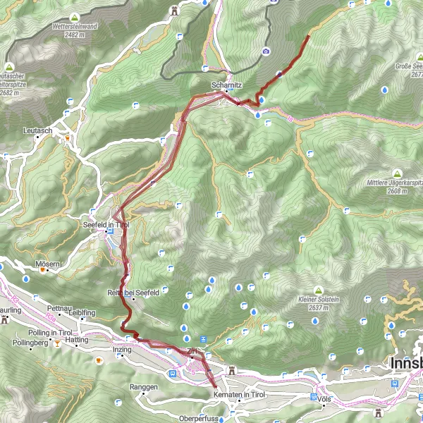 Miniature de la carte de l'inspiration cycliste "Boucle Gravel de Zirl à Seefeld in Tirol" dans la Tirol, Austria. Générée par le planificateur d'itinéraire cycliste Tarmacs.app