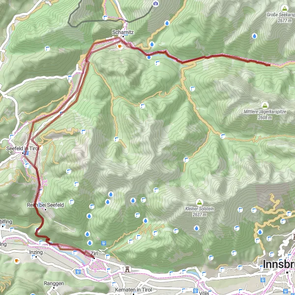 Zemljevid v pomanjšavi "Gorsko-kolesarska avantura po makadamskih poteh v Tirolu" kolesarske inspiracije v Tirol, Austria. Generirano z načrtovalcem kolesarskih poti Tarmacs.app