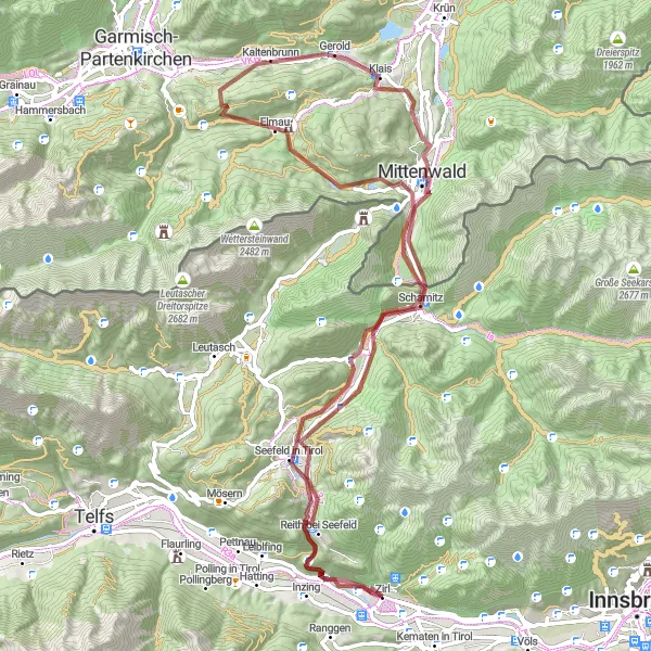 Miniatua del mapa de inspiración ciclista "Ruta en Grava a Mittenwald" en Tirol, Austria. Generado por Tarmacs.app planificador de rutas ciclistas