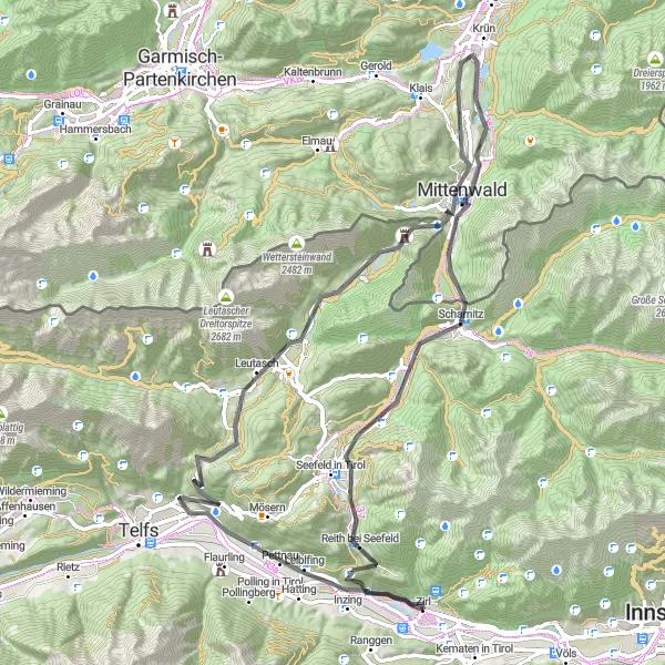 Miniaturní mapa "Cesta na silnici" inspirace pro cyklisty v oblasti Tirol, Austria. Vytvořeno pomocí plánovače tras Tarmacs.app