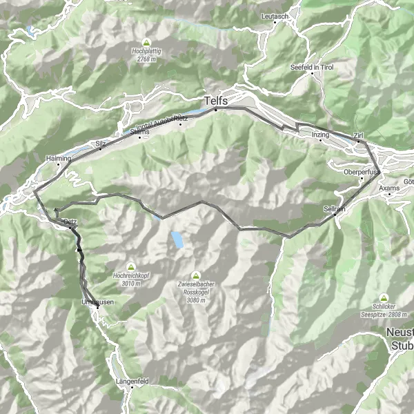 Miniatura della mappa di ispirazione al ciclismo "Cicloturismo panoramico nel Tirolo" nella regione di Tirol, Austria. Generata da Tarmacs.app, pianificatore di rotte ciclistiche