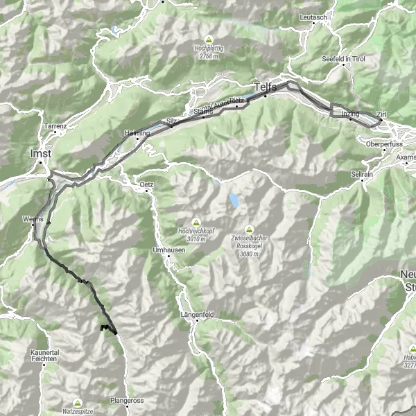 Karttaminiaatyyri "Tirolin haastavat mutkat" pyöräilyinspiraatiosta alueella Tirol, Austria. Luotu Tarmacs.app pyöräilyreittisuunnittelijalla