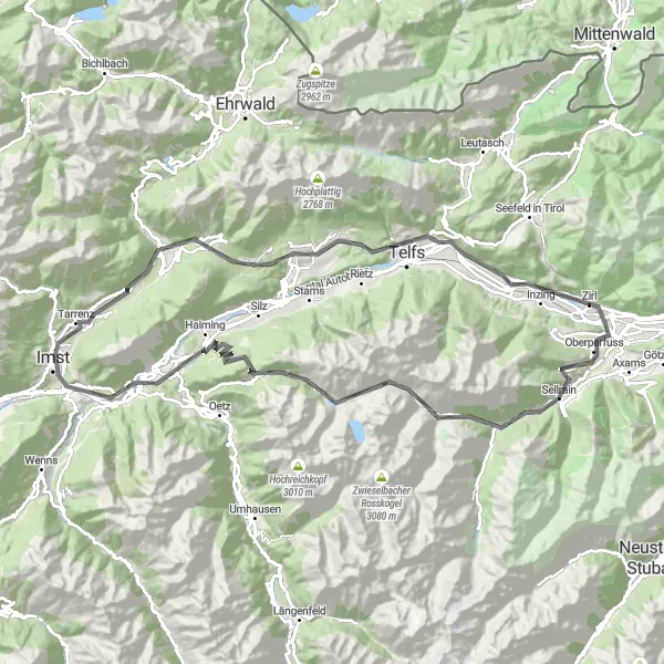 Miniature de la carte de l'inspiration cycliste "Parcours Épique à travers Kühtaisattel et Imst" dans la Tirol, Austria. Générée par le planificateur d'itinéraire cycliste Tarmacs.app