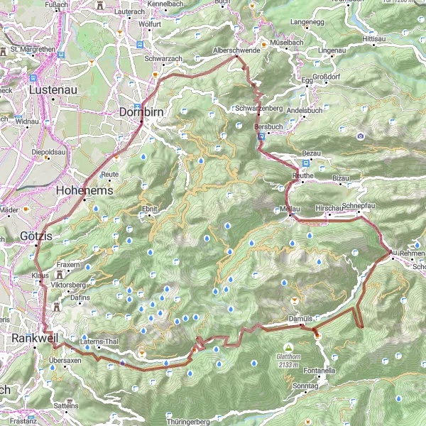Miniatua del mapa de inspiración ciclista "Aventura en Grava" en Vorarlberg, Austria. Generado por Tarmacs.app planificador de rutas ciclistas