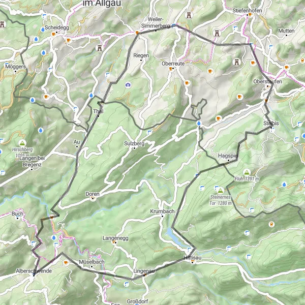 Miniatuurkaart van de fietsinspiratie "Korte rit naar Eyenbach en Riefensberg" in Vorarlberg, Austria. Gemaakt door de Tarmacs.app fietsrouteplanner