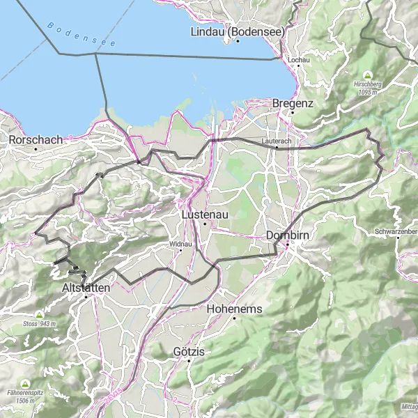 Kartminiatyr av "Utforsk Altstätten og Hard på sykkel" sykkelinspirasjon i Vorarlberg, Austria. Generert av Tarmacs.app sykkelrutoplanlegger