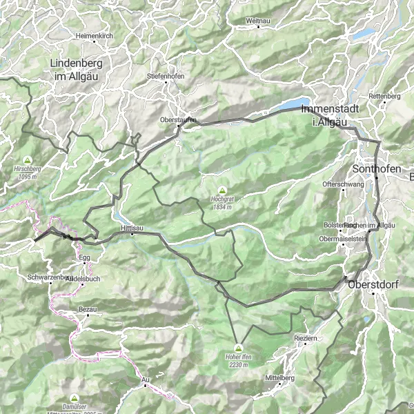Kartminiatyr av "Fjell- og dalruten gjennom Vorarlberg" sykkelinspirasjon i Vorarlberg, Austria. Generert av Tarmacs.app sykkelrutoplanlegger