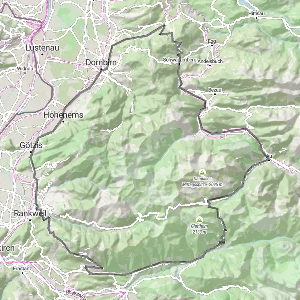 Map miniature of "Challenge the Mountains: Alberschwende to Winsau" cycling inspiration in Vorarlberg, Austria. Generated by Tarmacs.app cycling route planner