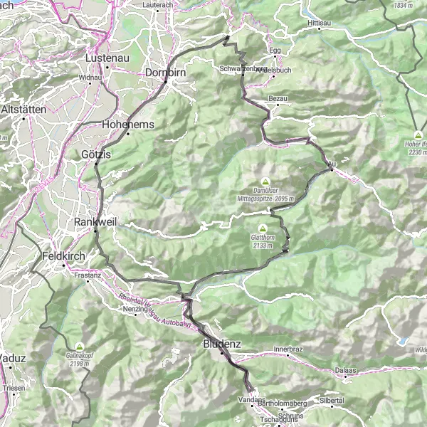 Miniaturní mapa "Pestrá cyklistická trasa poblíž Alberschwende" inspirace pro cyklisty v oblasti Vorarlberg, Austria. Vytvořeno pomocí plánovače tras Tarmacs.app