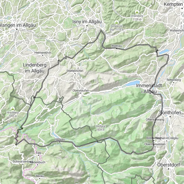 Karttaminiaatyyri "Alberschwende - Stoffelberg - Blaichach - Bolsterlang - Alberschwende" pyöräilyinspiraatiosta alueella Vorarlberg, Austria. Luotu Tarmacs.app pyöräilyreittisuunnittelijalla