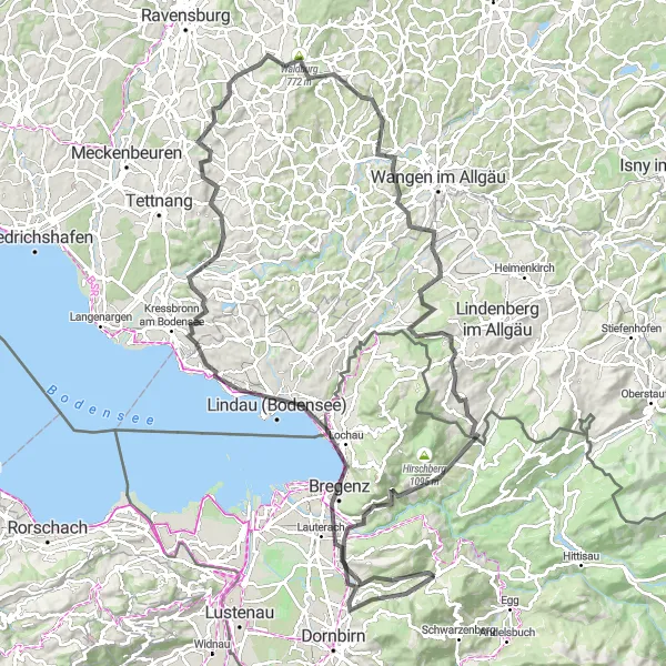 Map miniature of "The Mountain Challenge" cycling inspiration in Vorarlberg, Austria. Generated by Tarmacs.app cycling route planner
