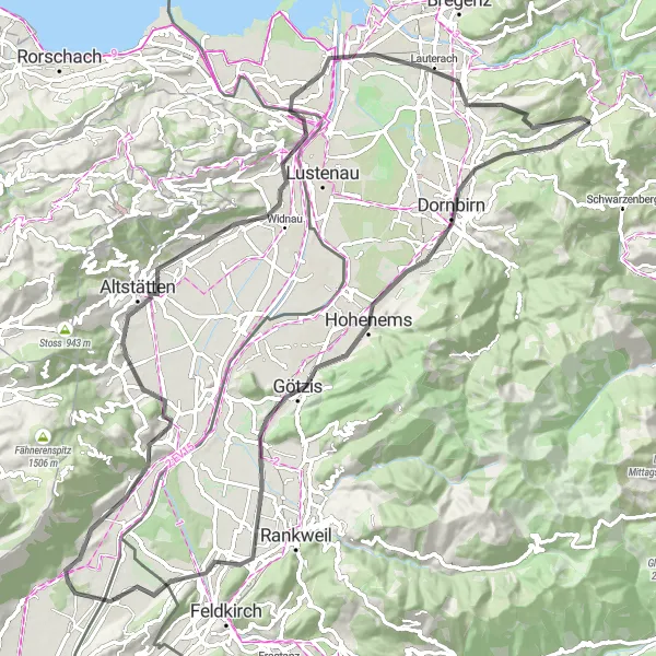 Map miniature of "Alberschwende - Altstätten - Alberschwende" cycling inspiration in Vorarlberg, Austria. Generated by Tarmacs.app cycling route planner