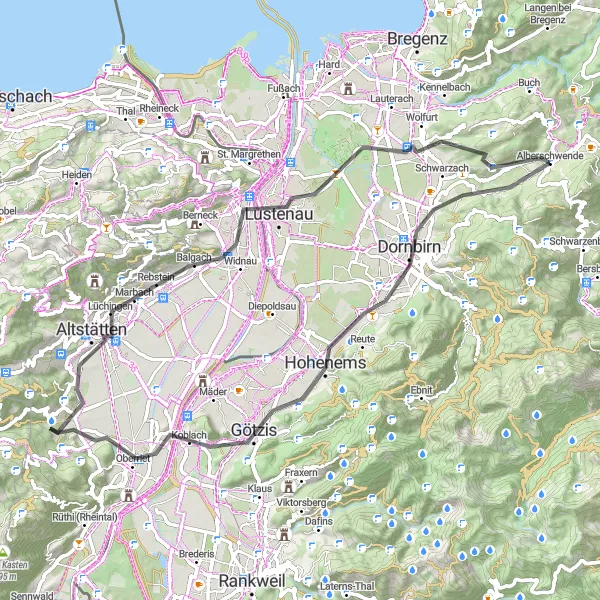 Miniaturní mapa "Cyklistická trasa kolem Alberschwende" inspirace pro cyklisty v oblasti Vorarlberg, Austria. Vytvořeno pomocí plánovače tras Tarmacs.app