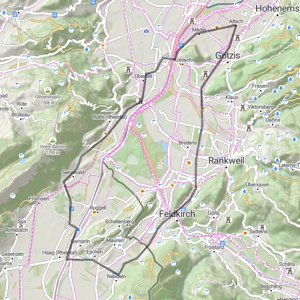 Miniatura della mappa di ispirazione al ciclismo "Esplorazione panoramica di Feldkirch" nella regione di Vorarlberg, Austria. Generata da Tarmacs.app, pianificatore di rotte ciclistiche