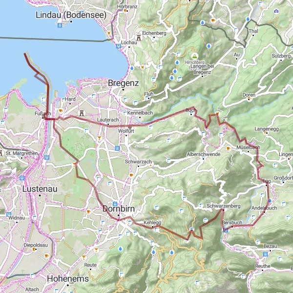 Miniatura mapy "Długa trasa gravelowa z Andelsbuch przez Loacker Berg" - trasy rowerowej w Vorarlberg, Austria. Wygenerowane przez planer tras rowerowych Tarmacs.app