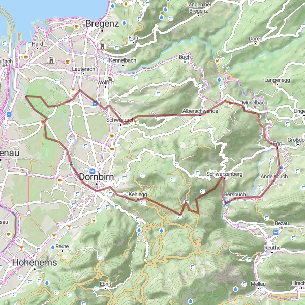 Miniatura della mappa di ispirazione al ciclismo "Avventura ciclistica tra i paesaggi di Schwarzach" nella regione di Vorarlberg, Austria. Generata da Tarmacs.app, pianificatore di rotte ciclistiche