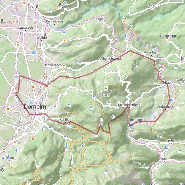 Map miniature of "Andelsbuch - Dornbirn - Farnach Gravel Route" cycling inspiration in Vorarlberg, Austria. Generated by Tarmacs.app cycling route planner