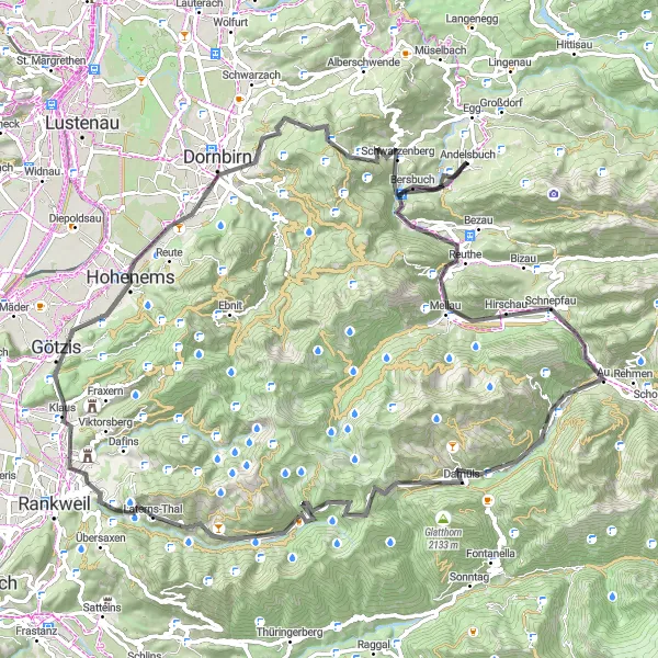 Miniatura della mappa di ispirazione al ciclismo "Il Tour Estremo delle Montagne di Vorarlberg" nella regione di Vorarlberg, Austria. Generata da Tarmacs.app, pianificatore di rotte ciclistiche