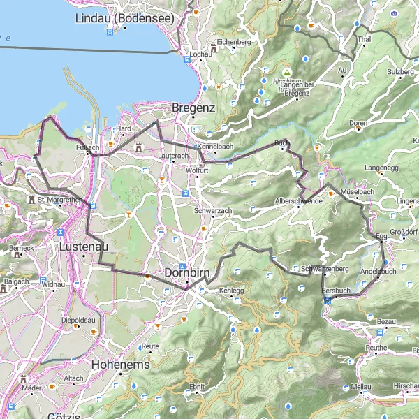 Karttaminiaatyyri "Kulttuurireitti Road Cycling - Andelsbuch reitti" pyöräilyinspiraatiosta alueella Vorarlberg, Austria. Luotu Tarmacs.app pyöräilyreittisuunnittelijalla