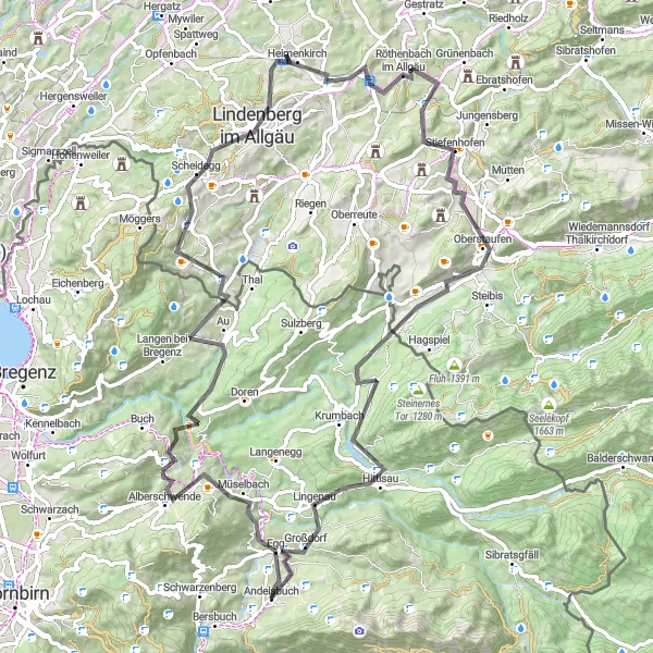 Karten-Miniaturansicht der Radinspiration "Rundtour Alberschwende-Riefensberg-Stiefenhofen" in Vorarlberg, Austria. Erstellt vom Tarmacs.app-Routenplaner für Radtouren