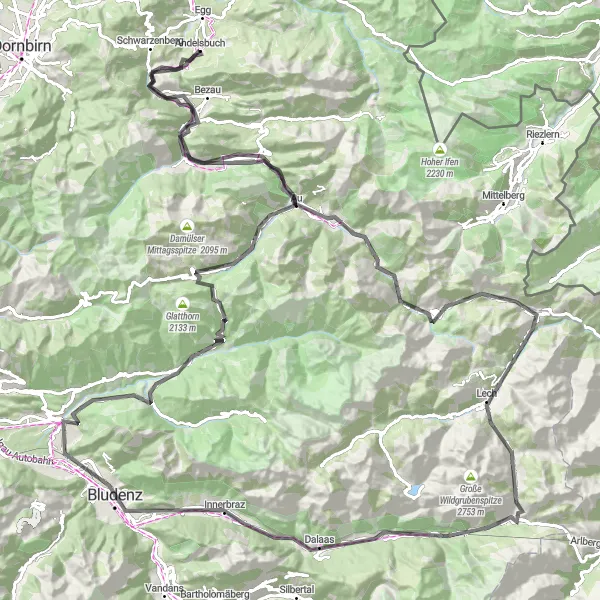 Miniaturní mapa "Cyklotrasa přes Hochtannbergpass a Flexenpass" inspirace pro cyklisty v oblasti Vorarlberg, Austria. Vytvořeno pomocí plánovače tras Tarmacs.app