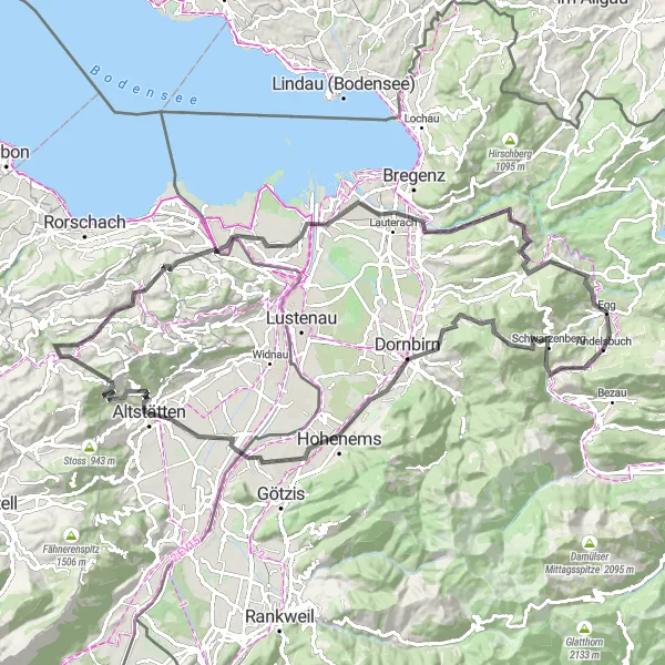 Kartminiatyr av "Eventyrlig reise til 3-Länder-Blick" sykkelinspirasjon i Vorarlberg, Austria. Generert av Tarmacs.app sykkelrutoplanlegger