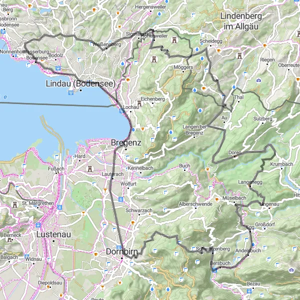 Miniature de la carte de l'inspiration cycliste "Circuit du Lac de Constance" dans la Vorarlberg, Austria. Générée par le planificateur d'itinéraire cycliste Tarmacs.app