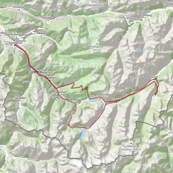 Miniature de la carte de l'inspiration cycliste "Exploration de Kanzel et Ischgl" dans la Vorarlberg, Austria. Générée par le planificateur d'itinéraire cycliste Tarmacs.app