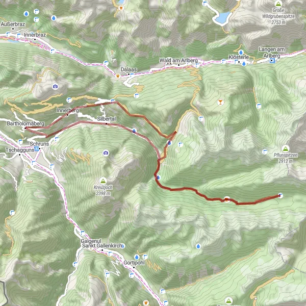 Miniaturní mapa "Gravelová trasa Schruns - Glän" inspirace pro cyklisty v oblasti Vorarlberg, Austria. Vytvořeno pomocí plánovače tras Tarmacs.app