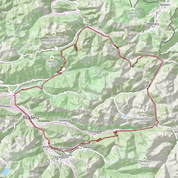 Karten-Miniaturansicht der Radinspiration "Alpenüberquerung von Bludenz nach Glän" in Vorarlberg, Austria. Erstellt vom Tarmacs.app-Routenplaner für Radtouren