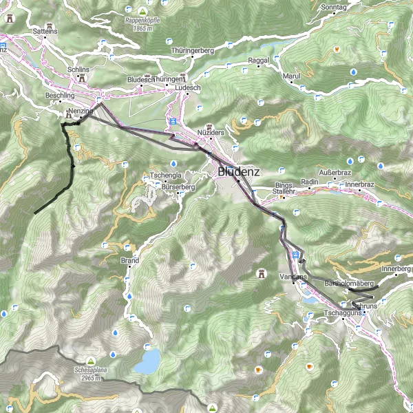 Zemljevid v pomanjšavi "Kolesarska pot čez Nenzing in Bludenz" kolesarske inspiracije v Vorarlberg, Austria. Generirano z načrtovalcem kolesarskih poti Tarmacs.app