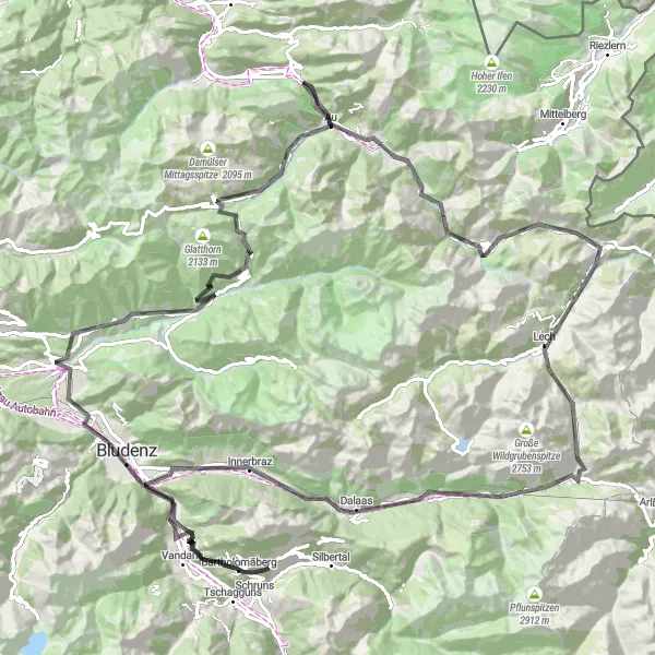 Karttaminiaatyyri "Bartholomäberg - Aussichtspunkt mit zwei Bänken - Bludenz - Blons - Fontanella - Faschinajoch - Schoppernau - Schröcken - Hochtannbergpass - Lech - Flexenpass - Schnauzlberg - Dalaas - Sankt Anton im Montafon - Bartholomäberg" pyöräilyinspiraatiosta alueella Vorarlberg, Austria. Luotu Tarmacs.app pyöräilyreittisuunnittelijalla